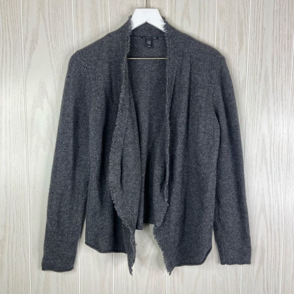 Eileen Fisher Cardigan Womens Fringe Gray Long-Sleeve Open-Front Sweater Medium